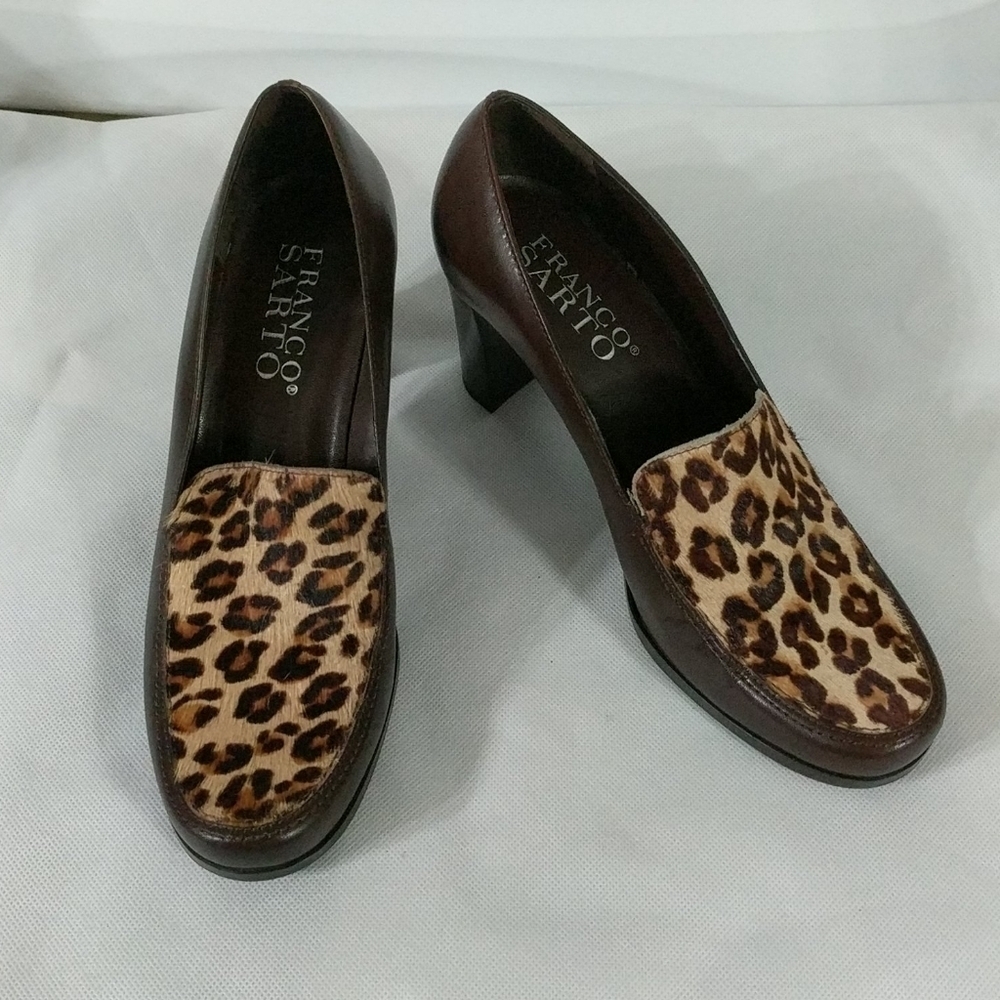 Franco Sarto Brown Tan Leopard Print Calf Hair Block Heel - size 7